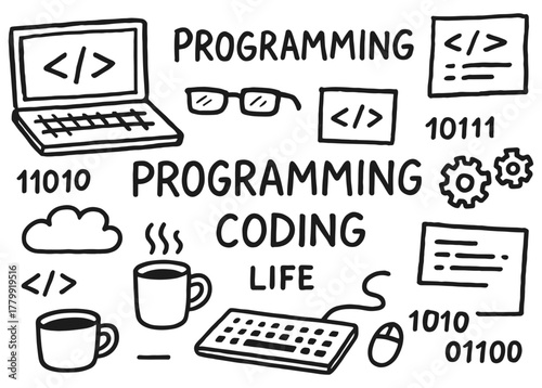 Creative black and white programming doodles including laptop and coffee
