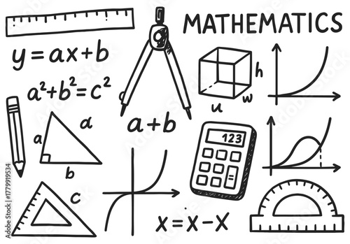 Mathematical symbols and tools: equations, graphs, geometry, algebra in black and white doodles