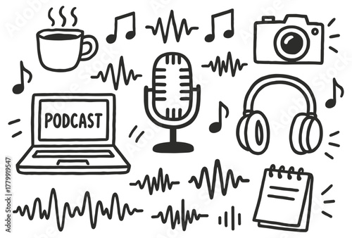 Podcasting essentials: microphone laptop headphones camera music notes