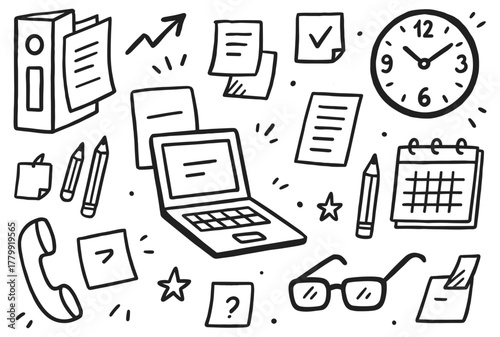 Hand-drawn office supplies and technology icons for productivity and organization