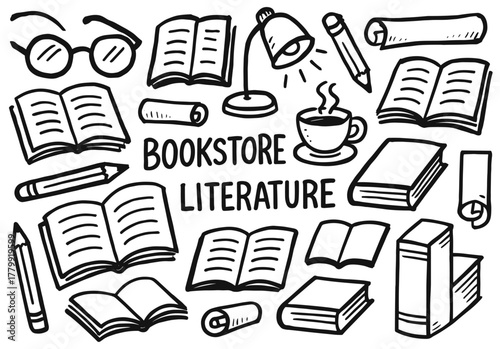 Doodle style bookstore elements featuring books, coffee, lamp, and literature icons