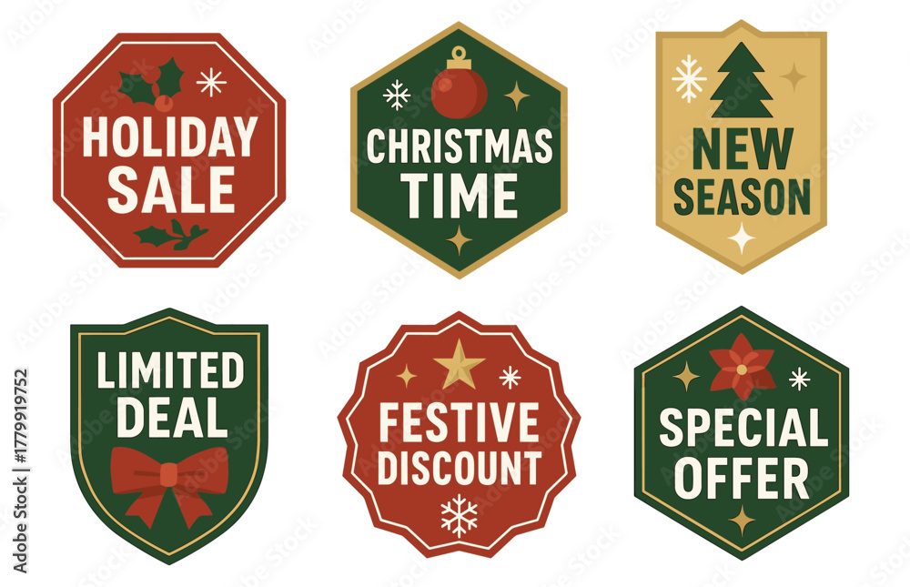 Fototapeta premium Festive holiday labels featuring christmas themes and special offers