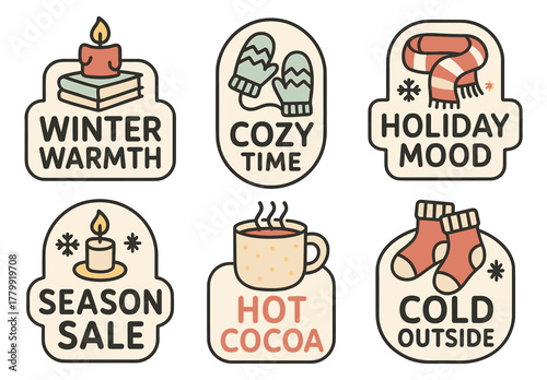 Winter themed cozy stickers: candles, mittens, mugs, and scarves designs