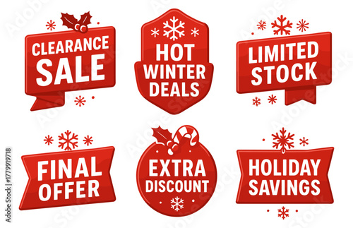 Holiday sale badges: clearance, winter deals, limited stock, extra discount, savings