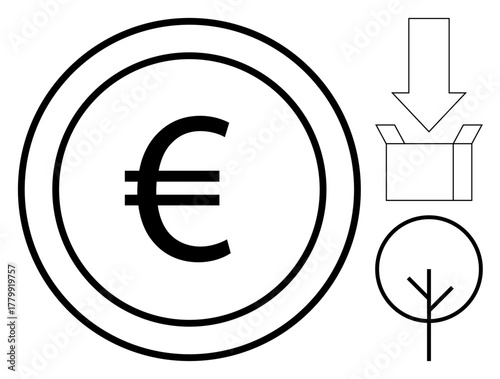 Euro currency coin enclosed in a circle next to a downward arrow into a box and a minimalistic tree. Ideal for finance, economy, sustainability, recycling, growth, environment, investments. Simple