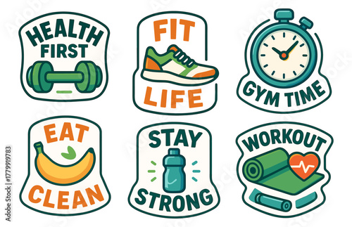 Fitness motivation icons featuring health, exercise, and nutrition