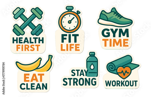 Fitness stickers: workout gear, healthy living, and motivational phrases