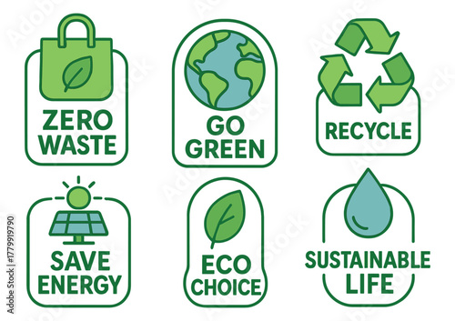 Eco-friendly icons: zero waste, go green, recycle, save energy, eco choice, sustainable life