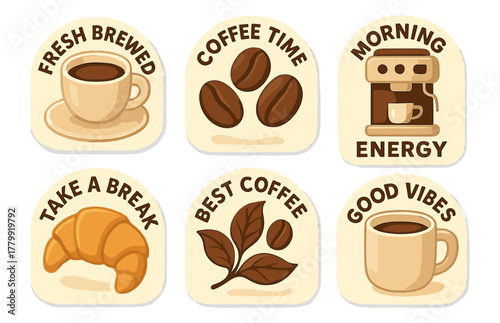 Coffee icons featuring fresh brew, morning energy, and good vibes