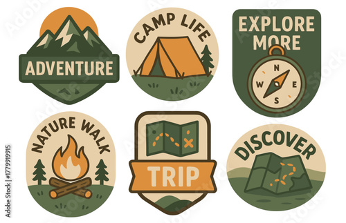 Outdoor adventure badges with camping, hiking, and nature themes