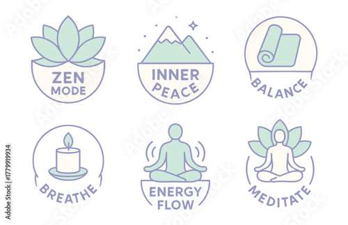 Mindfulness icons: zen mode, inner peace, balance, breathe, energy flow, meditate