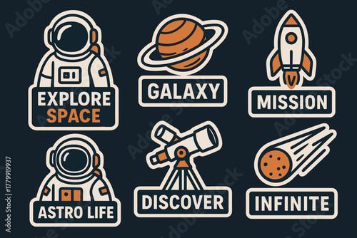 Space exploration stickers featuring astronauts, planets, telescopes, and rockets