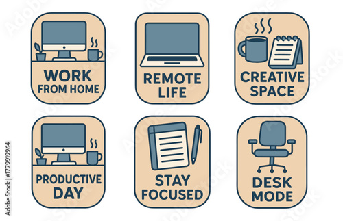 Motivational work icons for remote and creative workspace inspiration