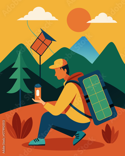 A hiker paused on the trail to set up their solarpowered battery pack the panels unfurling like wings to catch the warm golden light.. Vector illustration