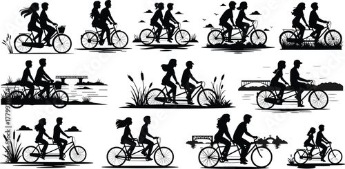 Romantic couple cycling silhouette, nature background, peaceful outdoor scene, birds flying, bridge view, love journey, leisure ride, scenic landscape