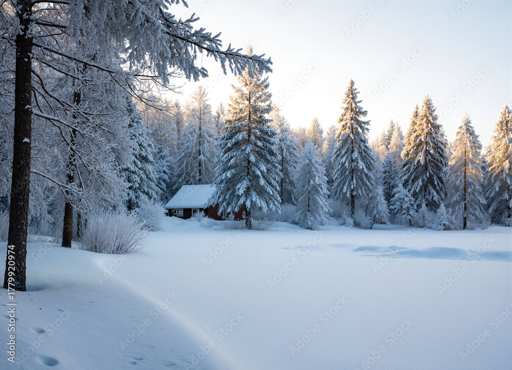 Fototapeta premium Cozy wooden cabin in snow-covered forest, winter landscape, peaceful nature