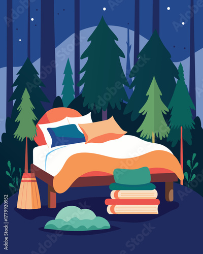 A simple yet comfortable bed piled high with pillows and soft blankets welcomes the freelancer at the end of a long day of work providing a peaceful and rejuvenating nights sleep. Vector illustration