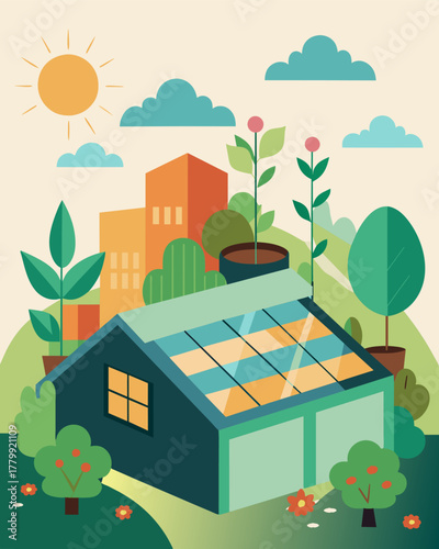 A hidden gem on the rooftops featuring a lush garden and solar panels that work together to create a selfsustainable and environmentallyfriendly space.. Vector illustration