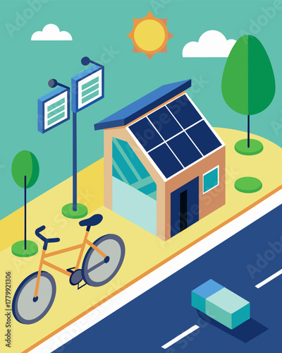 A busy city street corner with a solar charging station installed next to a bike sharing hub for commuters to conveniently charge their ebikes while on the go.. Vector illustration