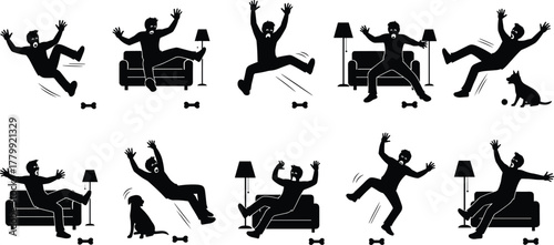 Funny falling silhouette, dog bone hazard, person slipping, home accident, pet toy danger, humorous scene, cartoon fall, indoor mishap