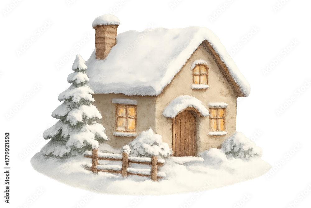 Naklejka premium Cozy winter cottage illustrating festive holiday season, a charming snowy house with glowing windows and a christmas tree