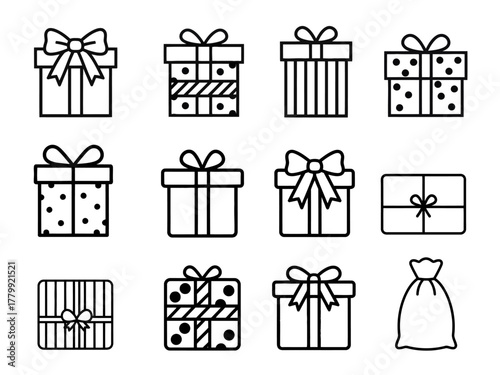 Gift Boxes and a Bag Icon Set in Black Outline on White Background