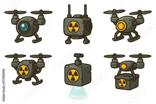 Drones cartoon icons ,technology, post-apocalypse, surveillance, radioactive, robot