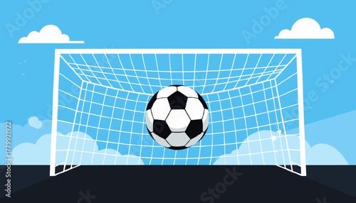 A soccer ball about to hit the goal net against a bright blue sky background