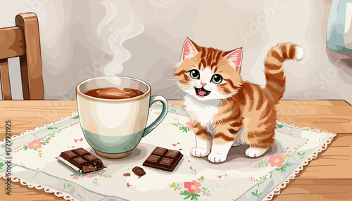 A playful kitten with a cheerful expression next to a chocolate bar and a mug of hot tea