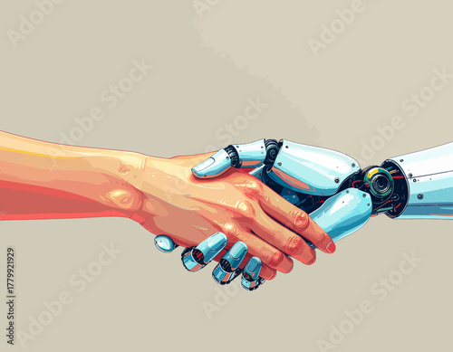 A symbolic handshake between a human and a robot, representing future cooperation and the integration of artificial intelligence