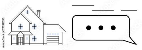 House with large windows, sloped roof, and garage alongside speech bubble. Ideal for real estate, home communication, architecture, housing trends, building design, homeowner conversations property