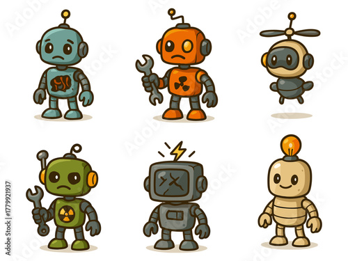 Robots cartoon icons ,post-apocalypse, technology, sci-fi, androids, damaged