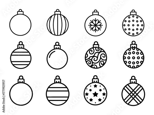 Set of twelve Christmas bauble icons featuring snowflake stars polka dots stripes swirls on a white background