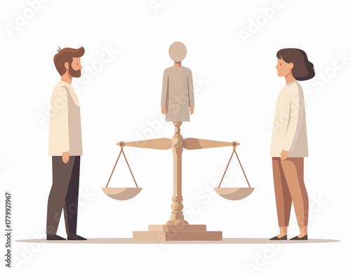 Vector illustration depicting gender equality and social justice with a man and woman standing by a balanced scale, symbolizing fairness and equal rights in society
