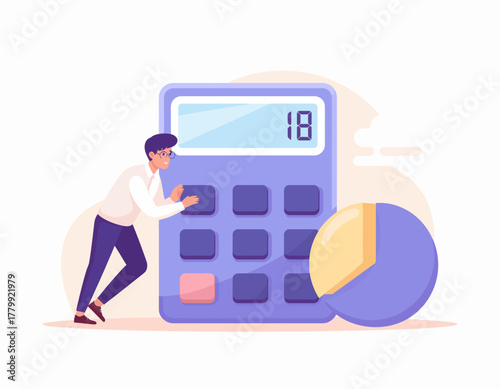 Flat vector illustration depicting a person interacting with a large calculator and pie chart, symbolizing finance and calculation
