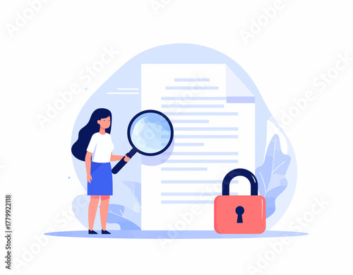 Vector concept art of a business professional auditing confidential information for security compliance and data protection