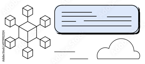 Simplified blockchain network with interconnected cubes, text interface, and a cloud. Ideal for data management, technology, networking, decentralization, communication, storage solutions