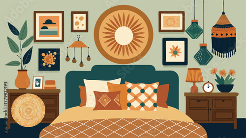 A bohemianinspired bedroom with a mix of vintage textiles a rattan headboard and a collection of framed vintage photos.