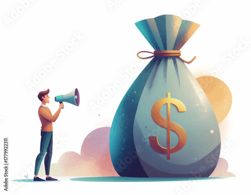 A man with a megaphone announces financial news and investment opportunities next to a large bag of money, a concept for business growth