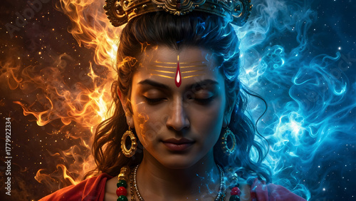 Hindu Deity Meditating in Cosmic Fire and Ice Energy
