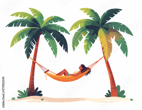Relaxing Getaway Woman Lounging in a Hammock Between Palm Trees, Tropical Escape Illustration