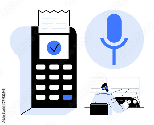 POS terminal with receipt and checkmark, microphone icon, support staff monitoring data. Ideal for technology, communication, security, payment solutions, AI customer service innovation. Simple