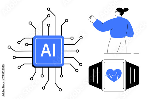 AI microchip connected digitally, smartwatch with heart health display, and female figure gesturing. Ideal for artificial intelligence, healthcare, innovation, health tech, machine learning, IoT