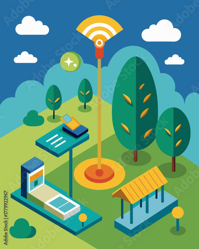 A community park features solarpowered WiFi hotspots equipped with charging stations for visitors to recharge their devices while enjoying the outdoors.. Vector illustration