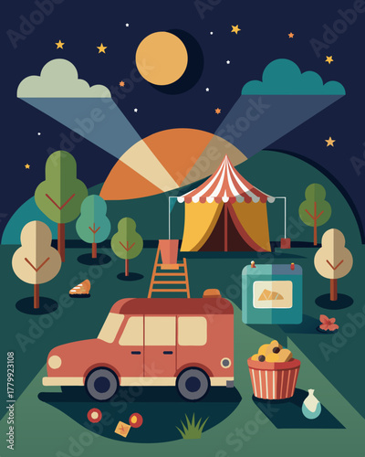 A familyfriendly campground turned into a solarpowered dri cinema complete with a playground and activities for kids to enjoy before the movie starts.. Vector illustration