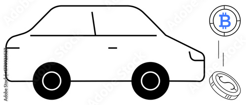 Car outlined in black with falling Bitcoin and digital coin symbols on the side. Ideal for cryptocurrency, automotive commerce, blockchain payment, fintech solutions, online trade, digital economy