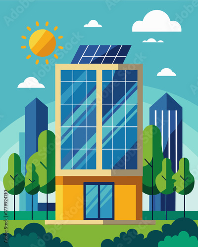 A company headquarters boasts a large solar panel array powering the smart meters installed throughout the building and promoting ecofriendliness.. Vector illustration