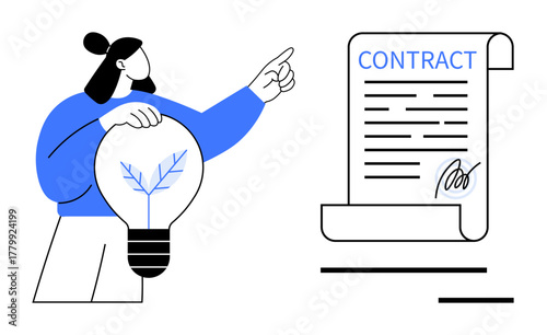Woman holds eco-friendly light bulb, gesturing toward signed contract with bold blue highlights. Ideal for innovation, agreements, eco-consciousness, business solutions, creativity, renewable energy