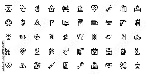 Emergencies 1122 icon set. Vector illustration. Featring ambulance, firefighte, police, medical, emergeny call, hospital, rescue, afety and more.