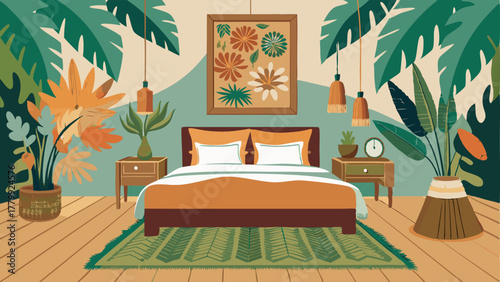 A bedroom with a tropical inspired mural on one wall a jute rug and a mixture of bold and muted bohemian patterned bedding.